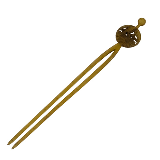 Antique Japanese Kanzashi Hairpin Chrysanthemum Leaf Motif in Amber Celluloid 6½"