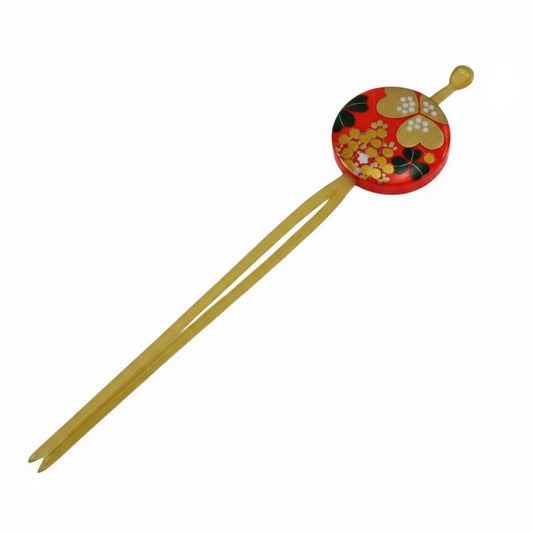 Vintage Japanese Kanzashi Hairpin Red Lacquer Makie Gold MotherofPearl Floral Design  6½"
