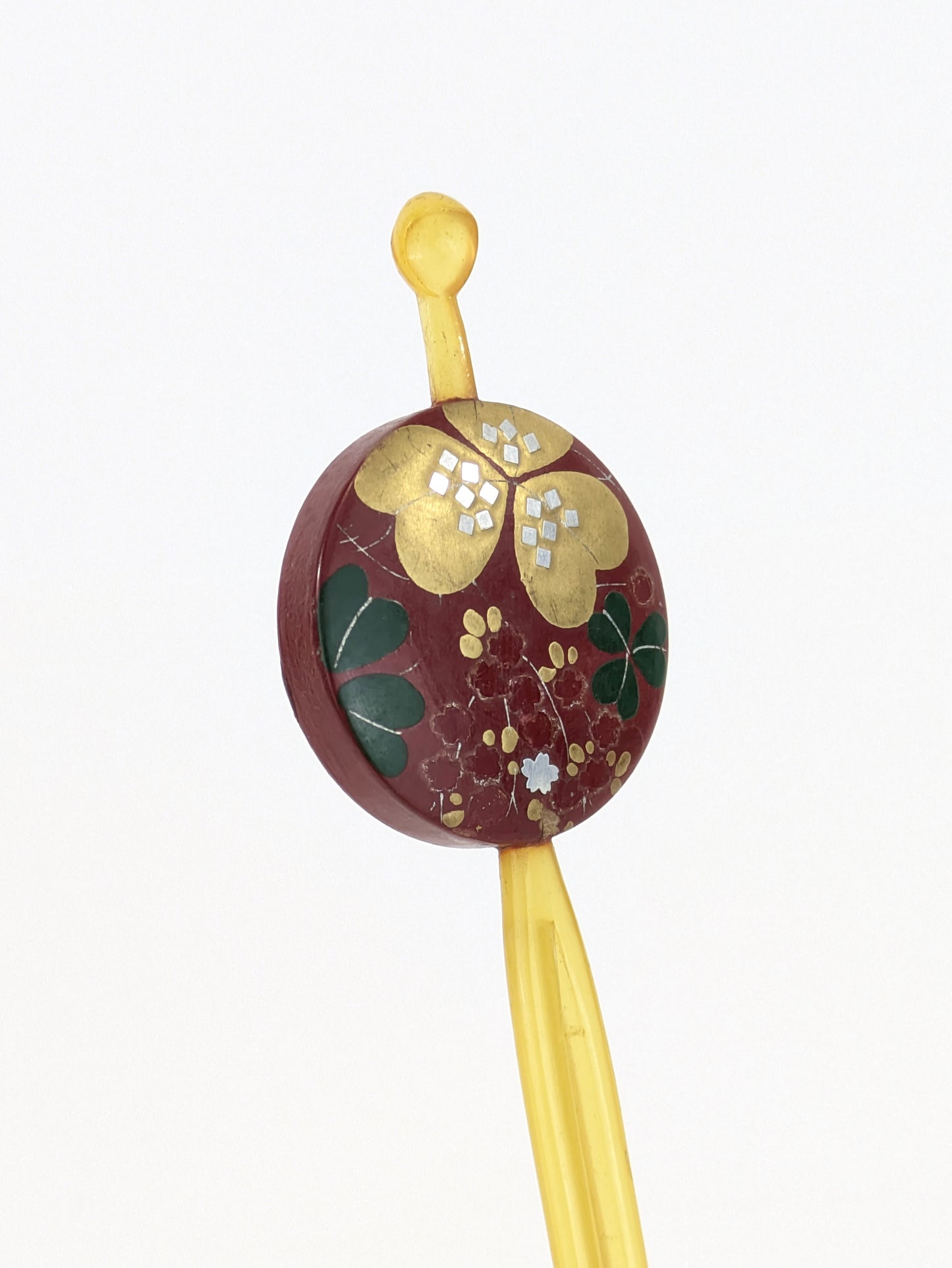 Vintage Japanese Kanzashi Hairpin Red Lacquer Makie Gold MotherofPearl Floral Design  6½"