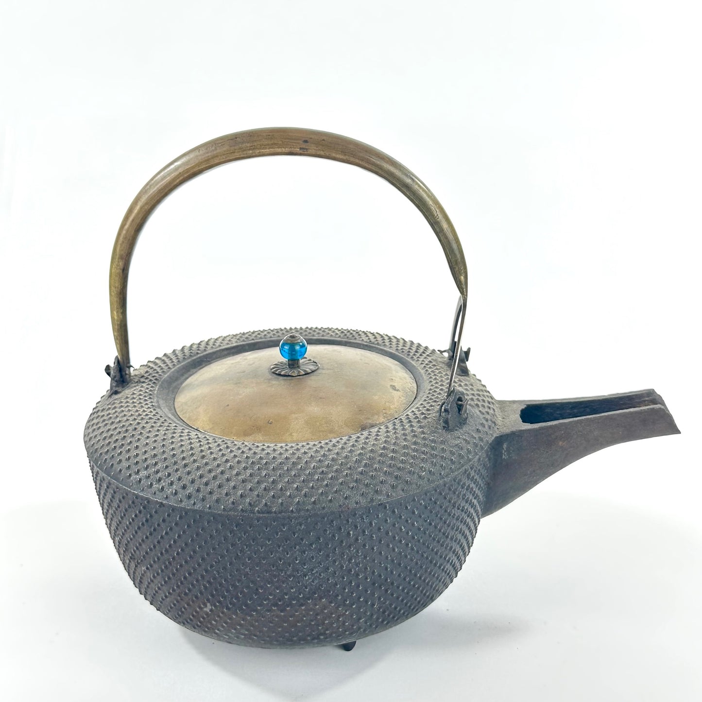 Antique Japanese Cast Iron Chōshi Three-Legged Sake Warming and pouring Vessel w/ Arare Pattern