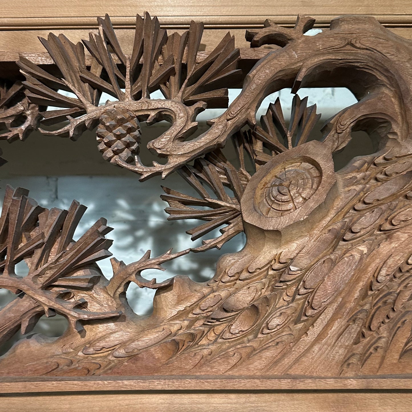 Japanese Inami Chokoku Sugi Wood Ranma Transom Carved Pine Tree Signed Kohō Taisho Showa 72"L
