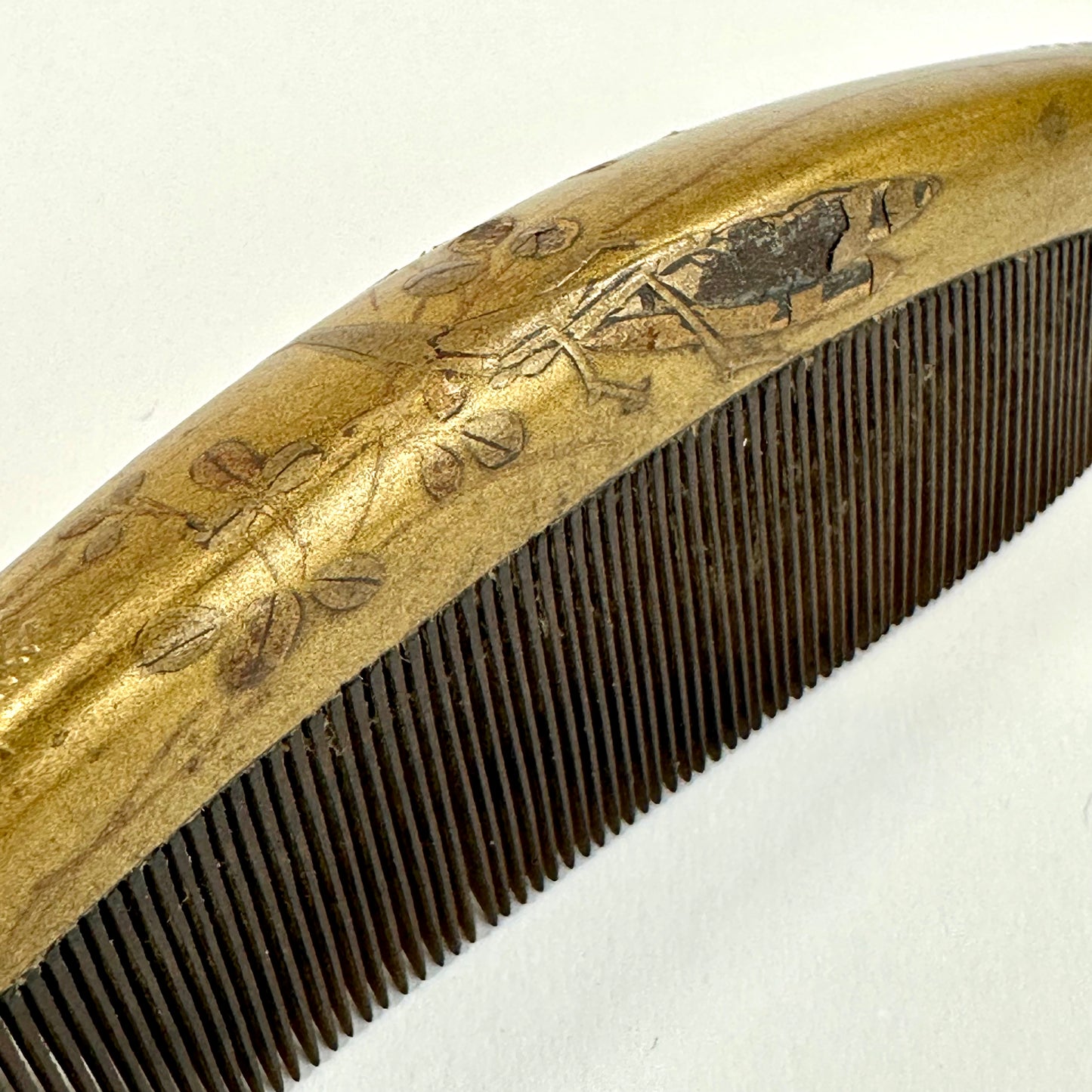 Antique Japanese Geisha Comb Kushi Hairpiece Kanzashi Gold Makie Leaves 4"