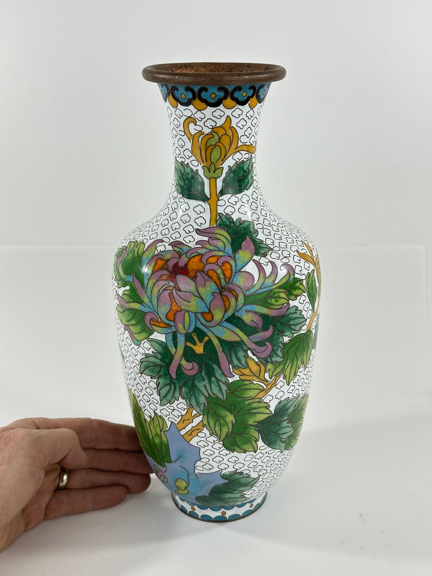 Vintage Chinese Cloisonné Vase chrysanthemum motif 12”