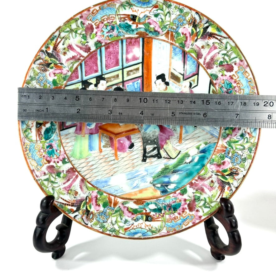 Antique Chinese Qing Famille Rose Canton Porcelain Plate Domestic Scene 8″W