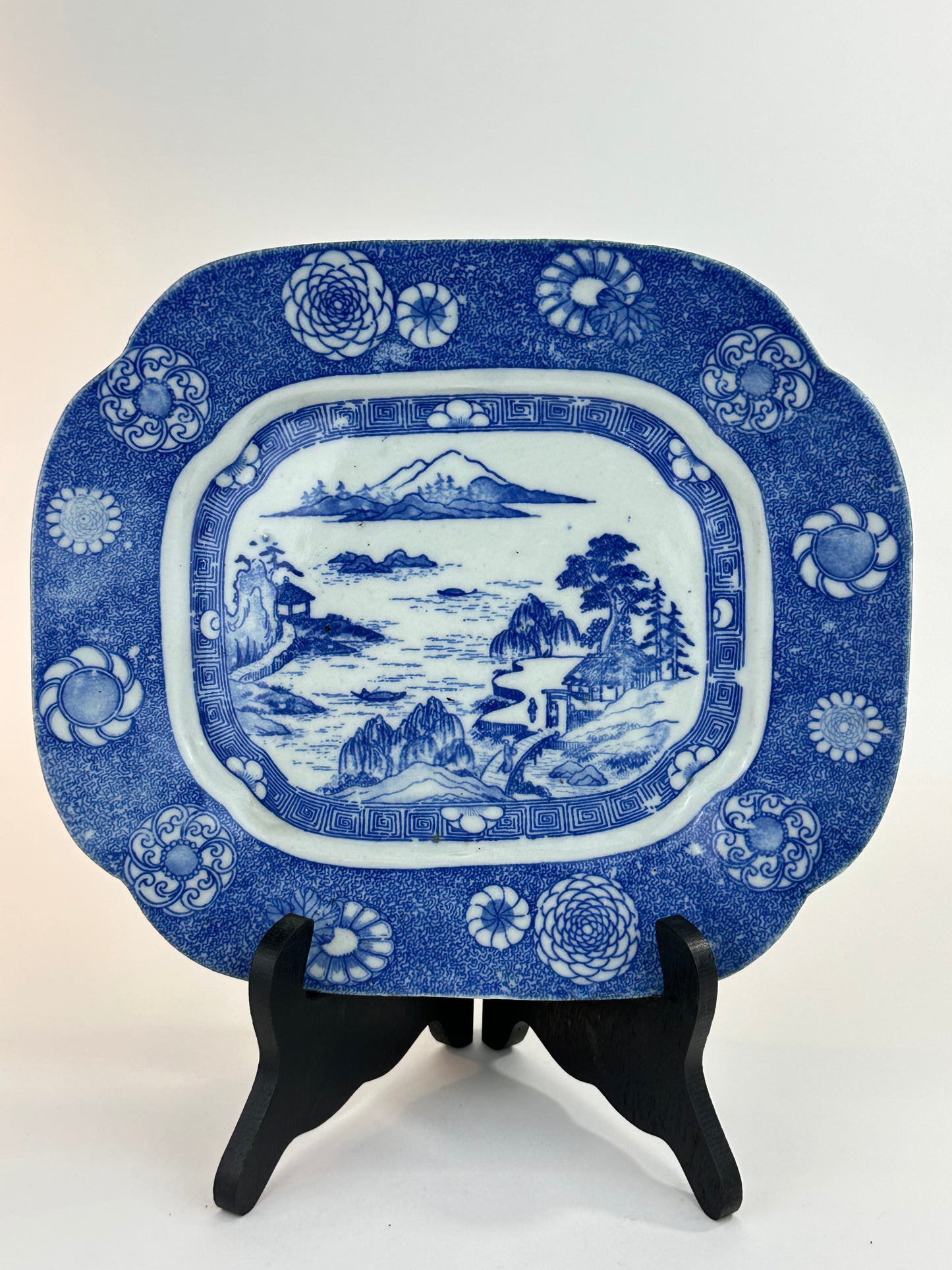 Antique Japanese Late Meiji c1910's Blue & White Porcelain Landscape Platter 10"W