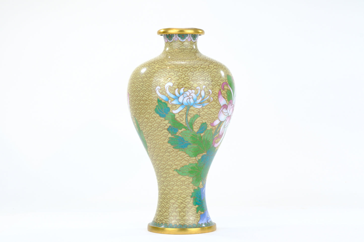 Chinese Cloisonne Enamel Meiping Vase Gold Ground Lotus Chrysanthemum Butterfly 9"H