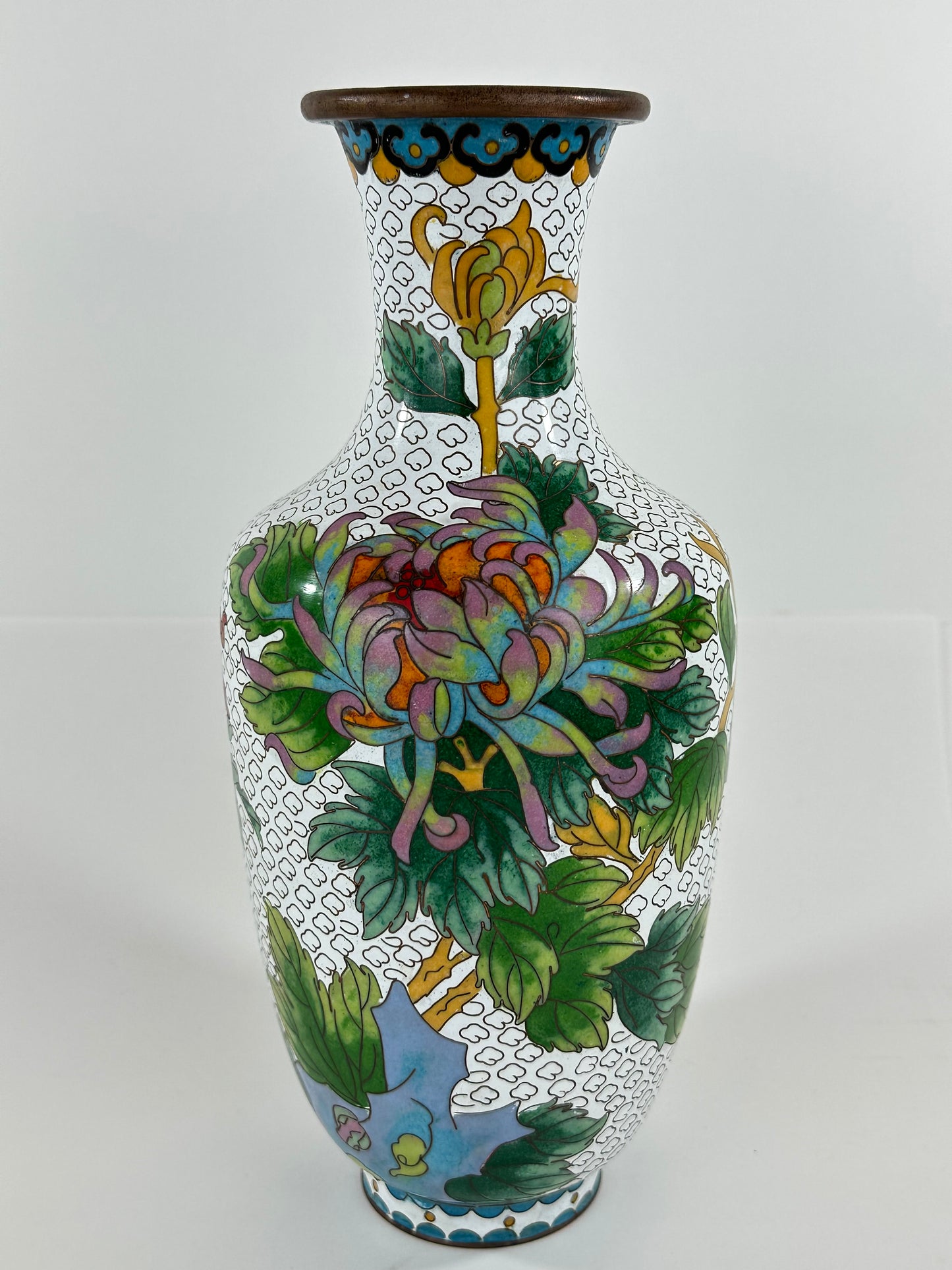 Vintage Chinese Cloisonné Vase chrysanthemum motif 12”