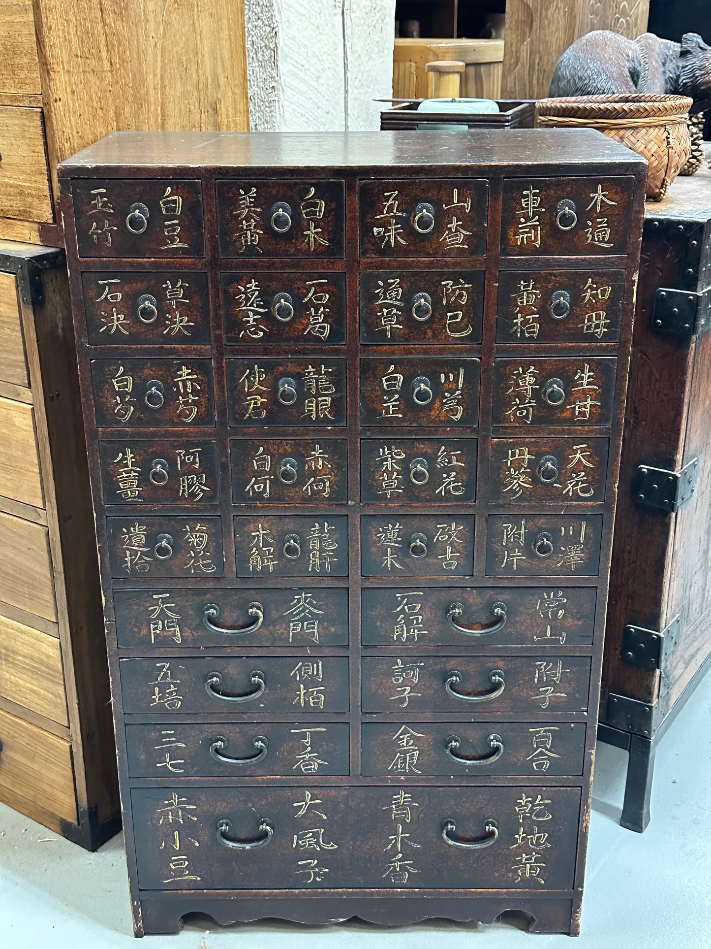 Vintage Korean Apothecary Chest With Labeled 27 Drawers 33"H