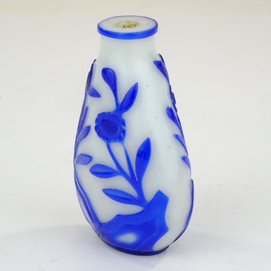 Chinese Blue Overlay Peking Glass Snuff Bottle Floral Botanical Carved ~3"