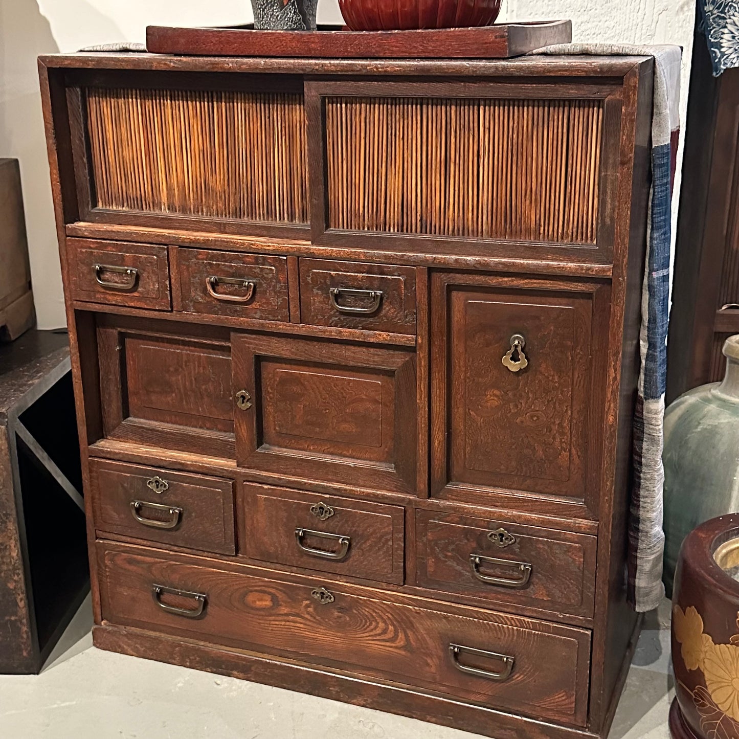 Antique Japanese Taisho Era (c1920’s) Chadansu Tea Tansu 9 Drawer 26"W