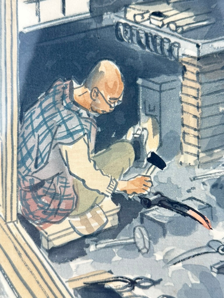 Original Wada Sanzo c.1939 Woodblock Print Blacksmith Kaji Swordsmith Showa #13 18"W LS#012
