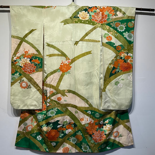 Vintage Japanese Furisode Silk Kimono Soft Green Peonie Motif