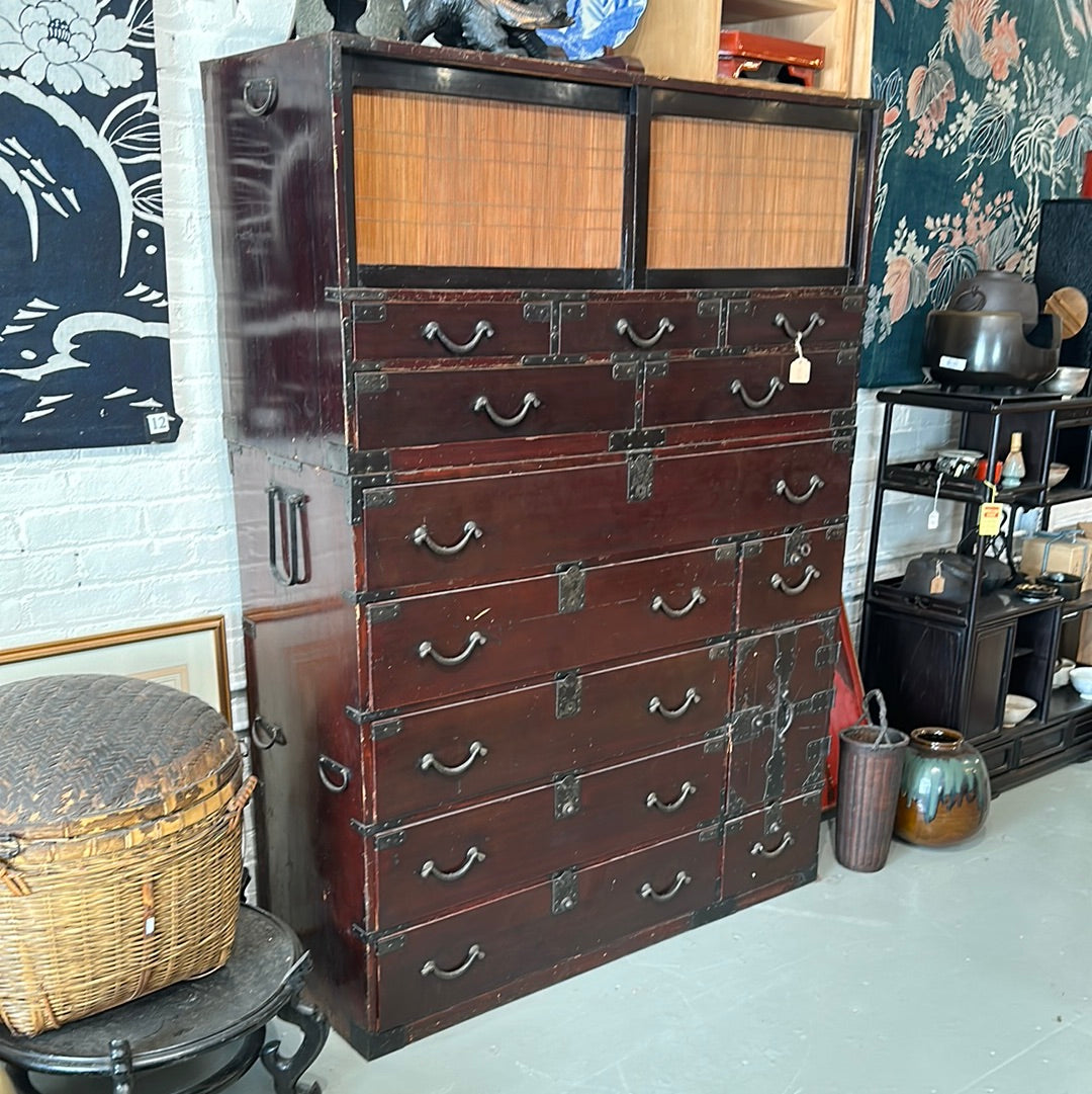 Antique Japanese Meiji Era Clothing Tansu Chest Red Lacquer Sugi Wood 48"W