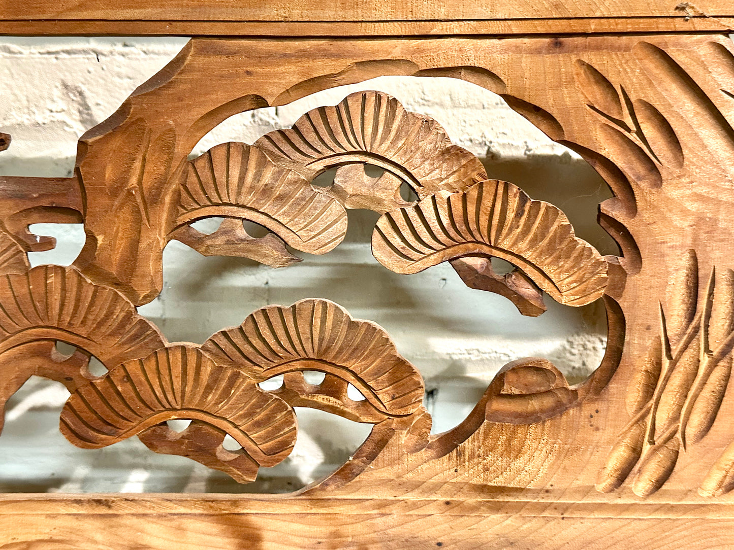 Vintage Japanese Ranma PAIR Cranes & Pines Carved Transom Screen Sugi Wood 67"