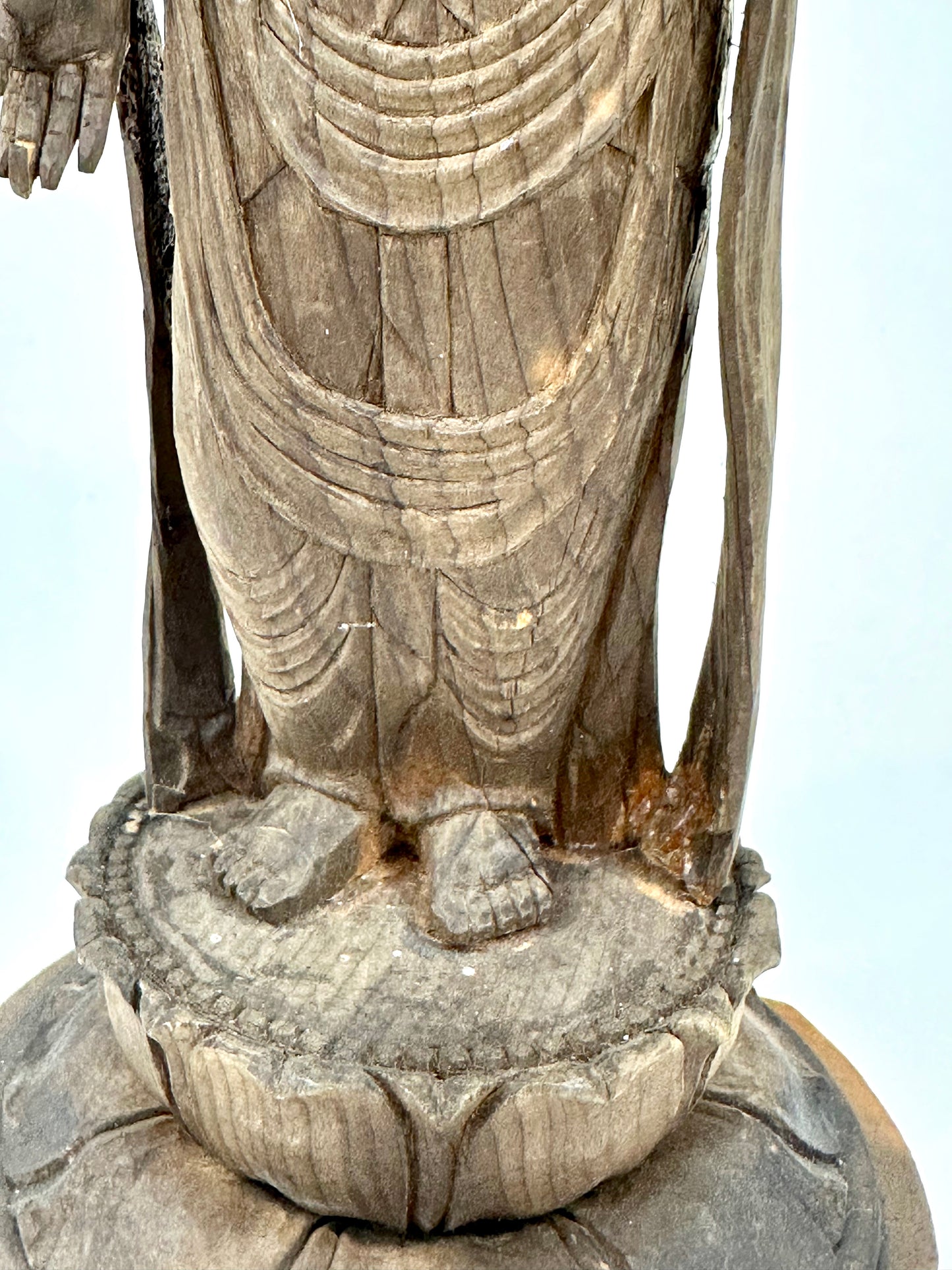 Antique Japanese Wooden Jizō Bosatsu (Kṣitigarbha Bodhisattva) Standing on Lotus Base10”