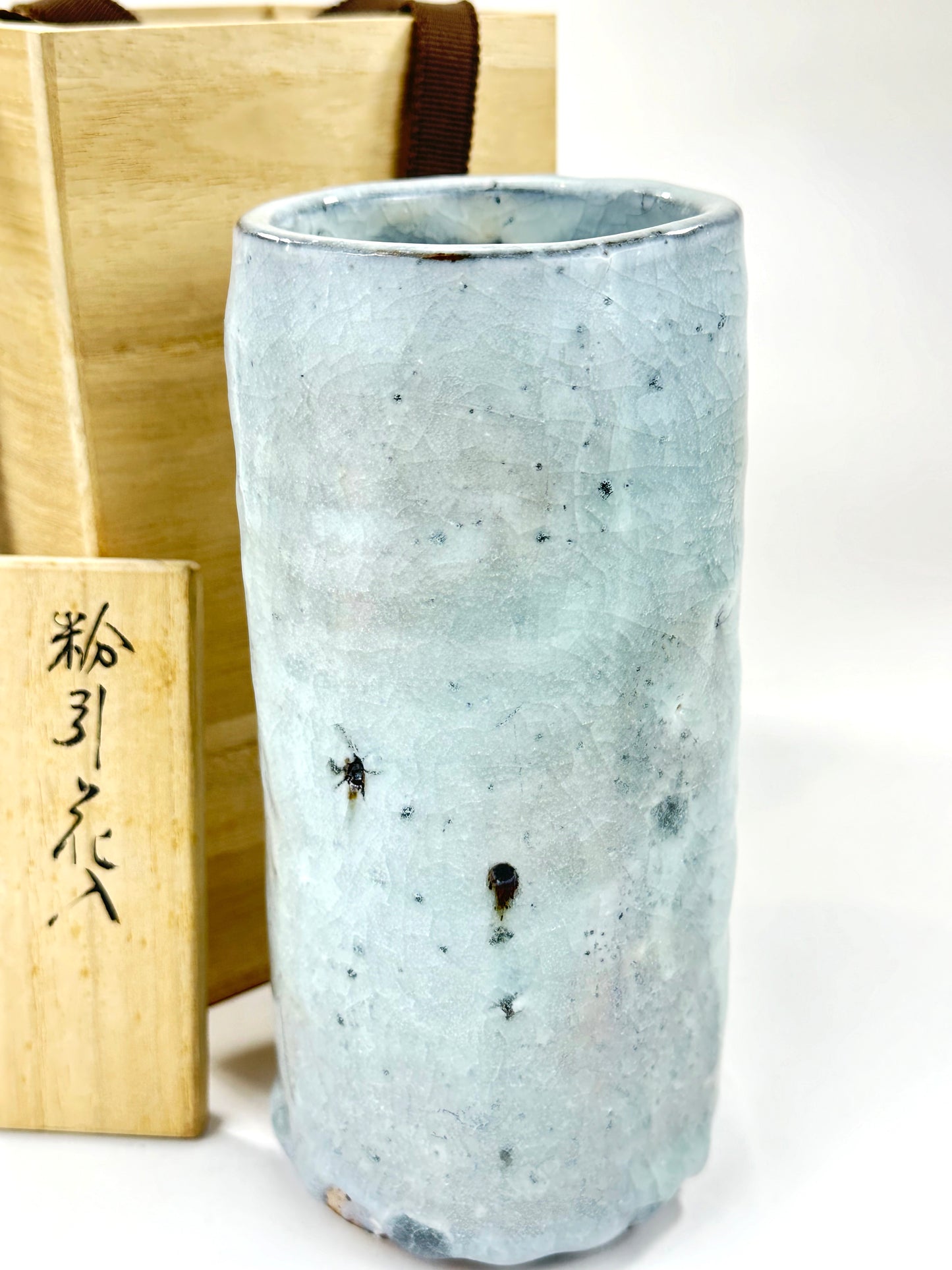 Vintage Japanese Mino Ware Blue Crackle Glaze Ceramic Flower Vase 7”