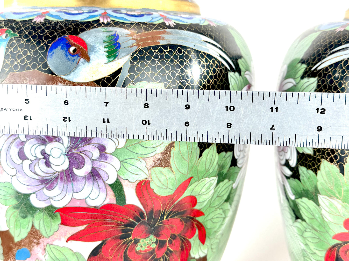 Vintage Chinese Cloisonne Vase Pair Black Ground Peony Pheasant Polychrome 20"H