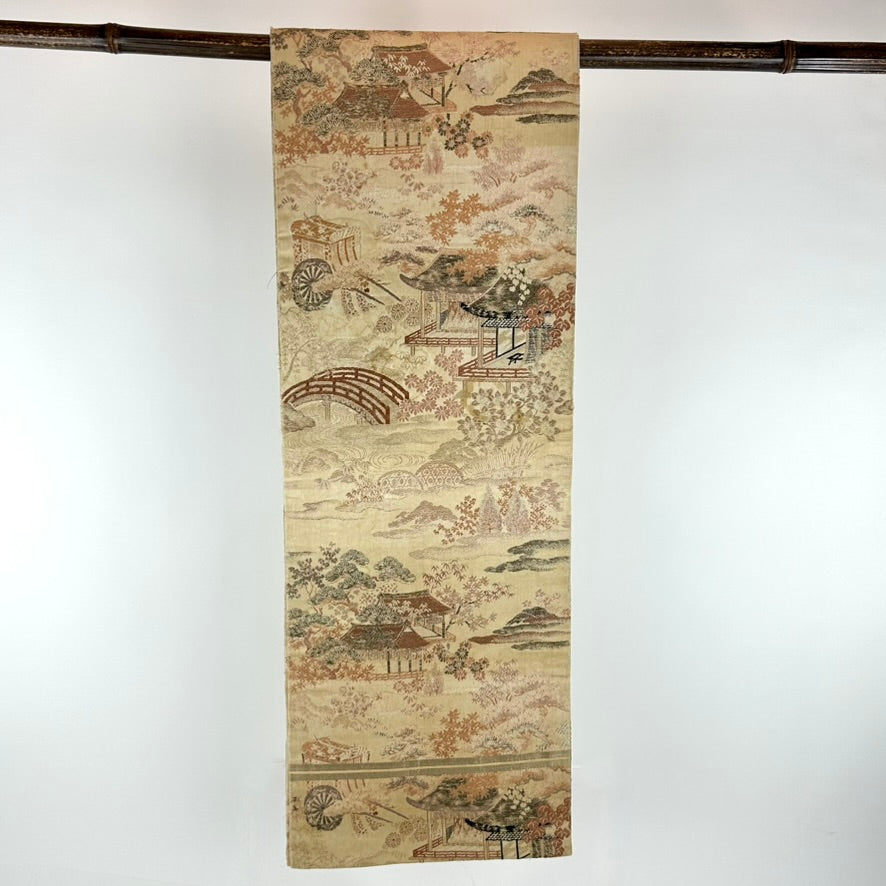 Antique Japanese Silk Obi Pictorial Garden Pavilion Bridge Genji Wheel 12'L