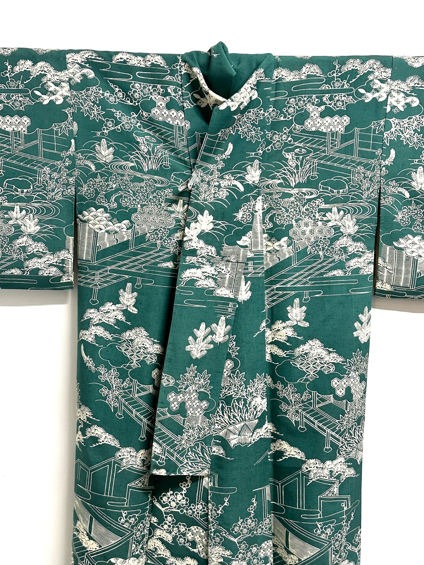 Vintage Japanese Silk Kimono Allover Garden Landscape Teien Crane Pine Teal Showa