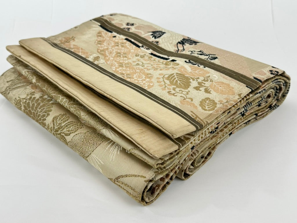 Antique Japanese Silk Tsuzure Fukuro Obi Crane Chrysanthemum Wave 13'L
