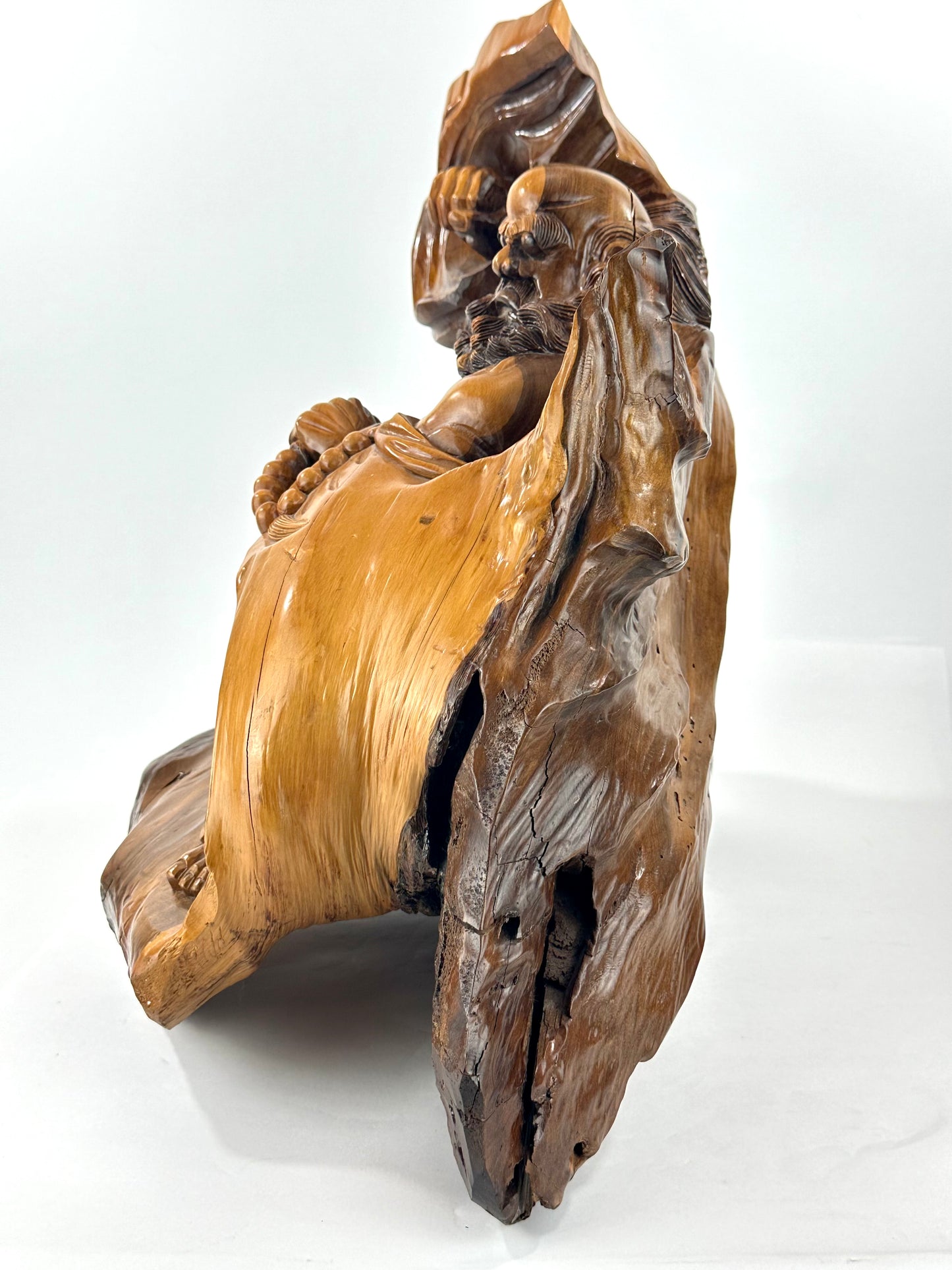 Japanese Showa Era Sugi Wood Carved Daruma Bodhidharma Sculpture Root Wood Base 17"H LS#089