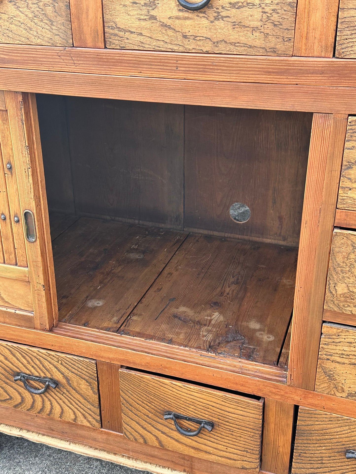 Antique Japanese Keyaki Sugi Merchant Tansu Sliding Door Cabinet Meiji 54"W