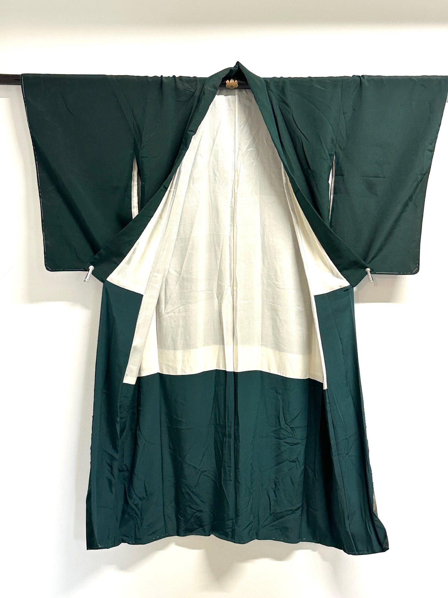 Vintage Japanese Silk Kimono Kiku Hanazume Suso on Deep Green Gold Bokashi Showa
