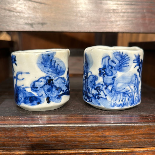 Pair of Antique Japanese Ceramic Sake Cups Blue & White