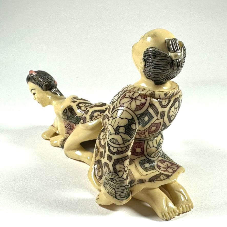 Vintage Japanese Shunga Erotic Figurine Couple Faux-Ivery Resin Hand Painted Showa e