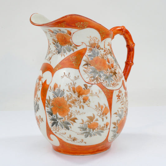 Antique Japanese Kutani Aka-e Export Ewer Pitcher Peony Bamboo Handle Meiji 9 Inch