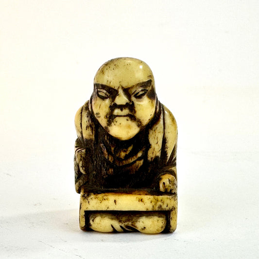 Antique Japanese Edo Period Man Sitting At Writing Desk Netsuke in Antler 1.5"