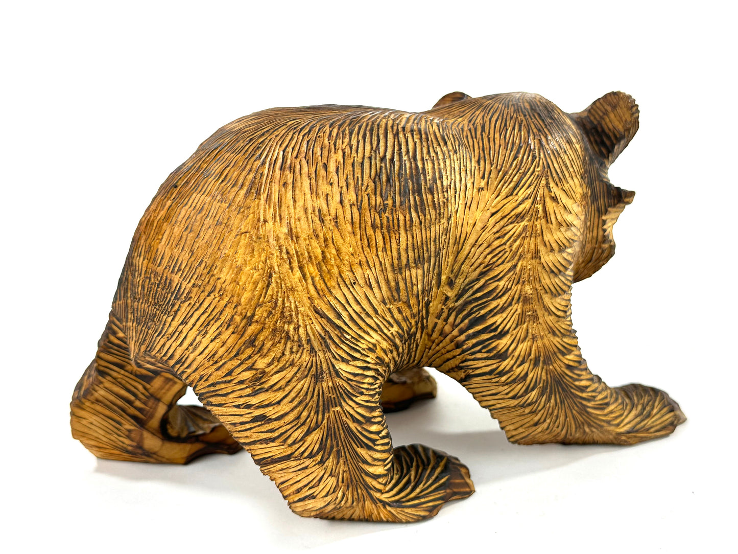 Vintage Japanese Ainu Bear Kuma w/ Salmon Signed Sugi Wood ~9"