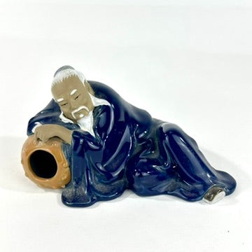 Vintage Chinese Ceramic Li Bai Drunk Poet Reclining Figure Brush Rest Cobalt Blue Glaze 7"