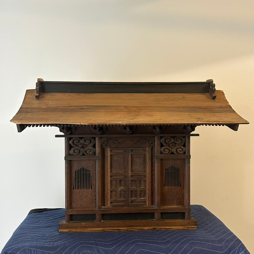 Antique Japanese Meiji Era Sugi Wood Kamidana Shinto Household Shrine Carved Cloud Scroll 32"
