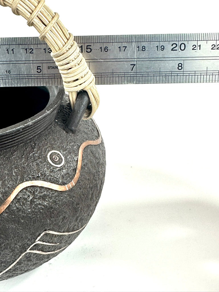 Vintage Japanese Signed Cast Iron Tetsubin Plover Wave Gold Silver Copper Inlay Showa 6.5"W LS#055