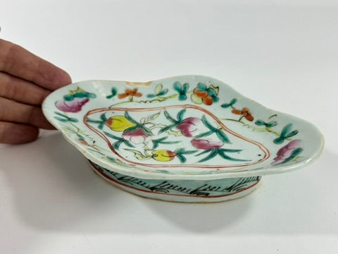 Chinese Famille Rose Porcelain Lozenge Dish Peach Longevity Floral Celadon Ground Late Qing 7.5"