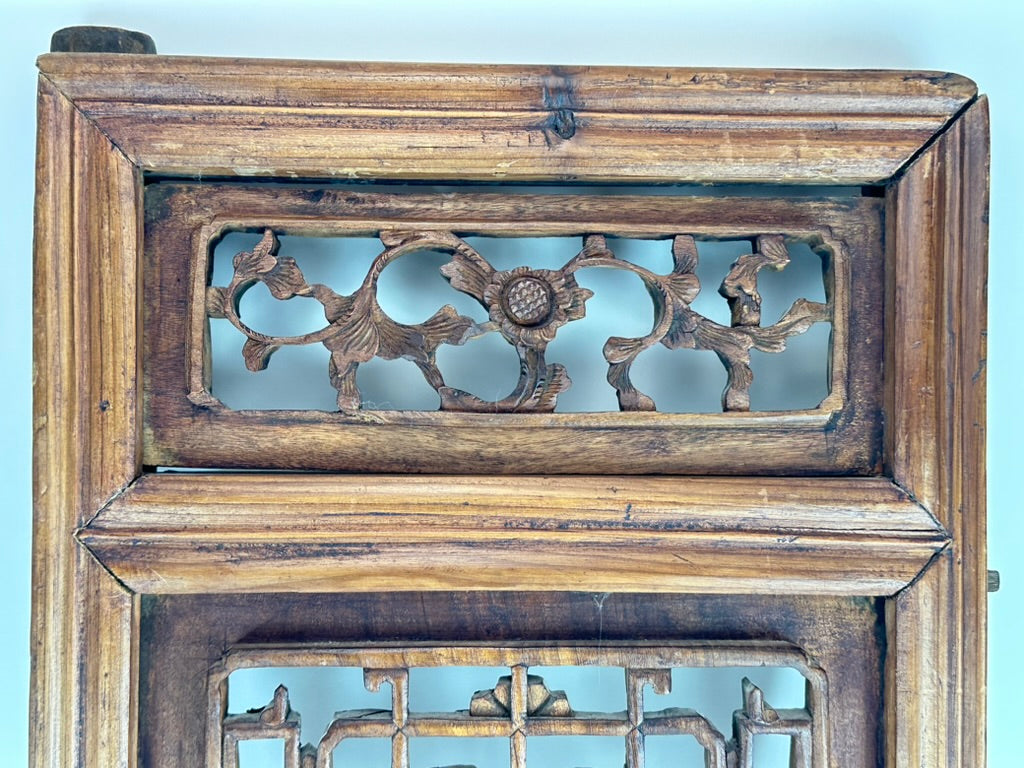 Antique Chinese Qing Carved Wood Lattice Window Shutter Panel 32″H