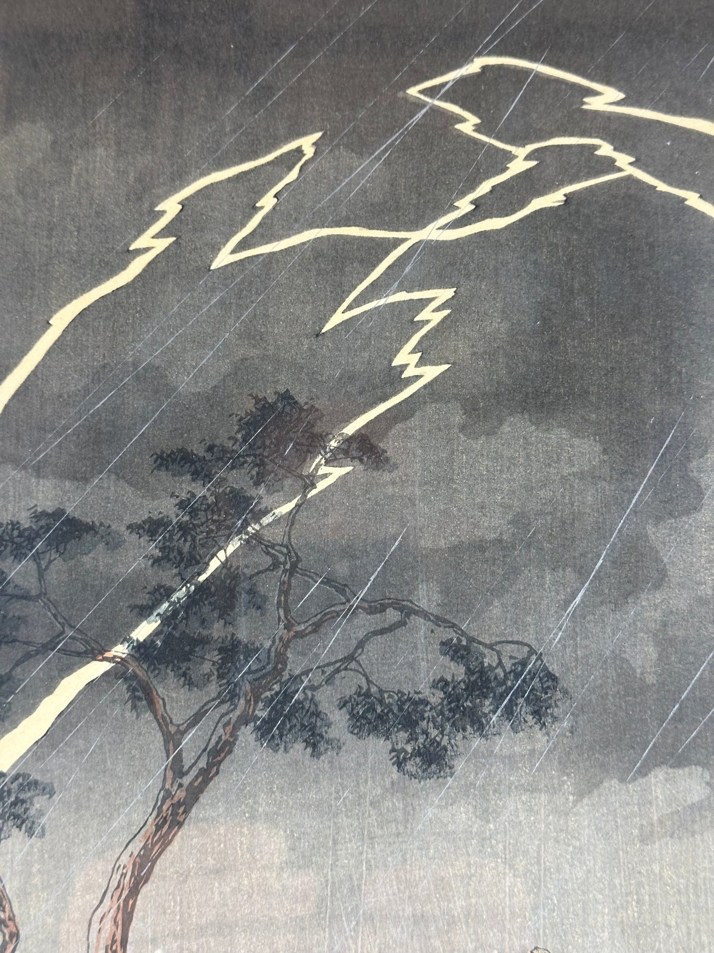 Japanese Woodblock Print Reproduction: By Shotei "Rain" in Vintage Frame