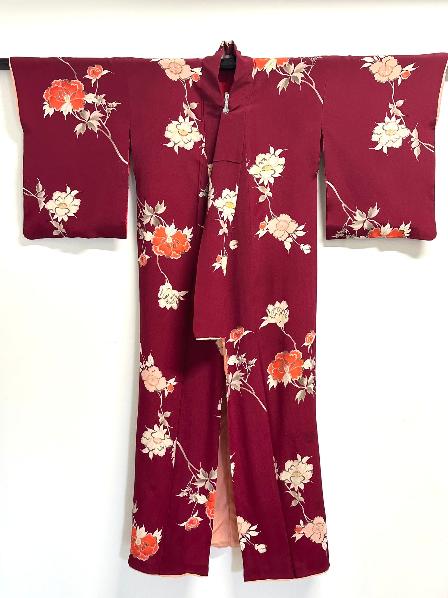 Vintage Japanese Silk Kimono Burgundy Peony Chirimen Crepe Showa