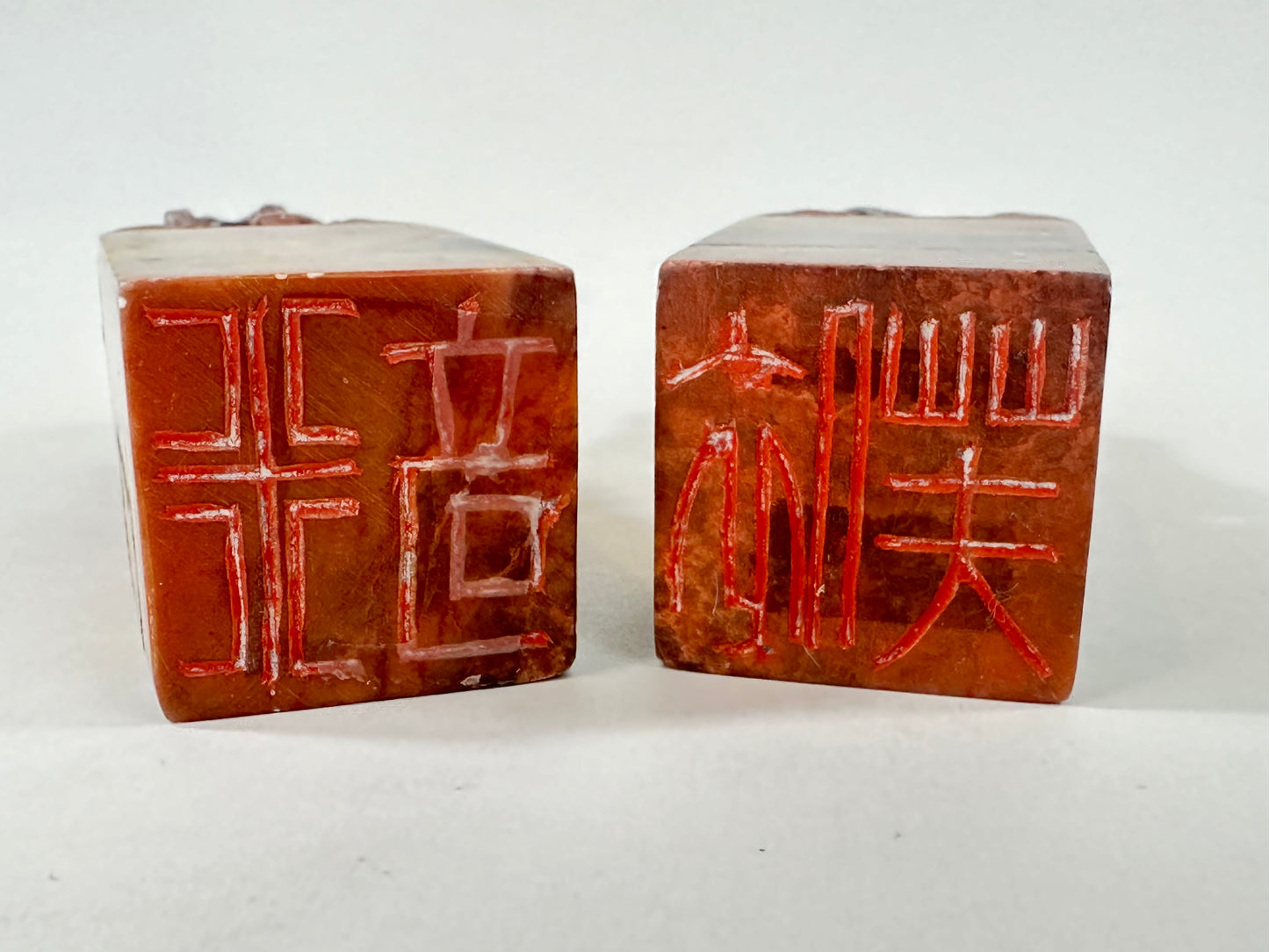 Vintage Chinese Pair of Marble Foo Dog Inkan Chop Stamps 3.5"