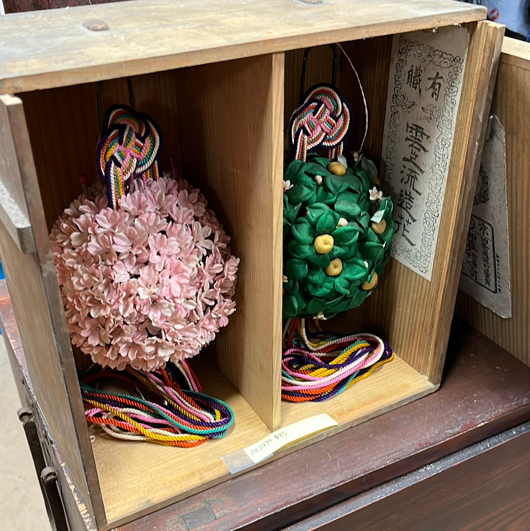 Japanese Silk Flower Ball Ornements Sakura & Persimon w/ Kiri Box