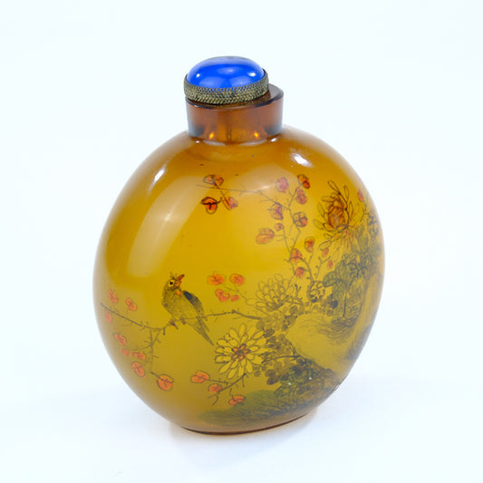 Chinese Amber Glass Interior Painted Snuff Bottle Birds Flowers Blue Stopper