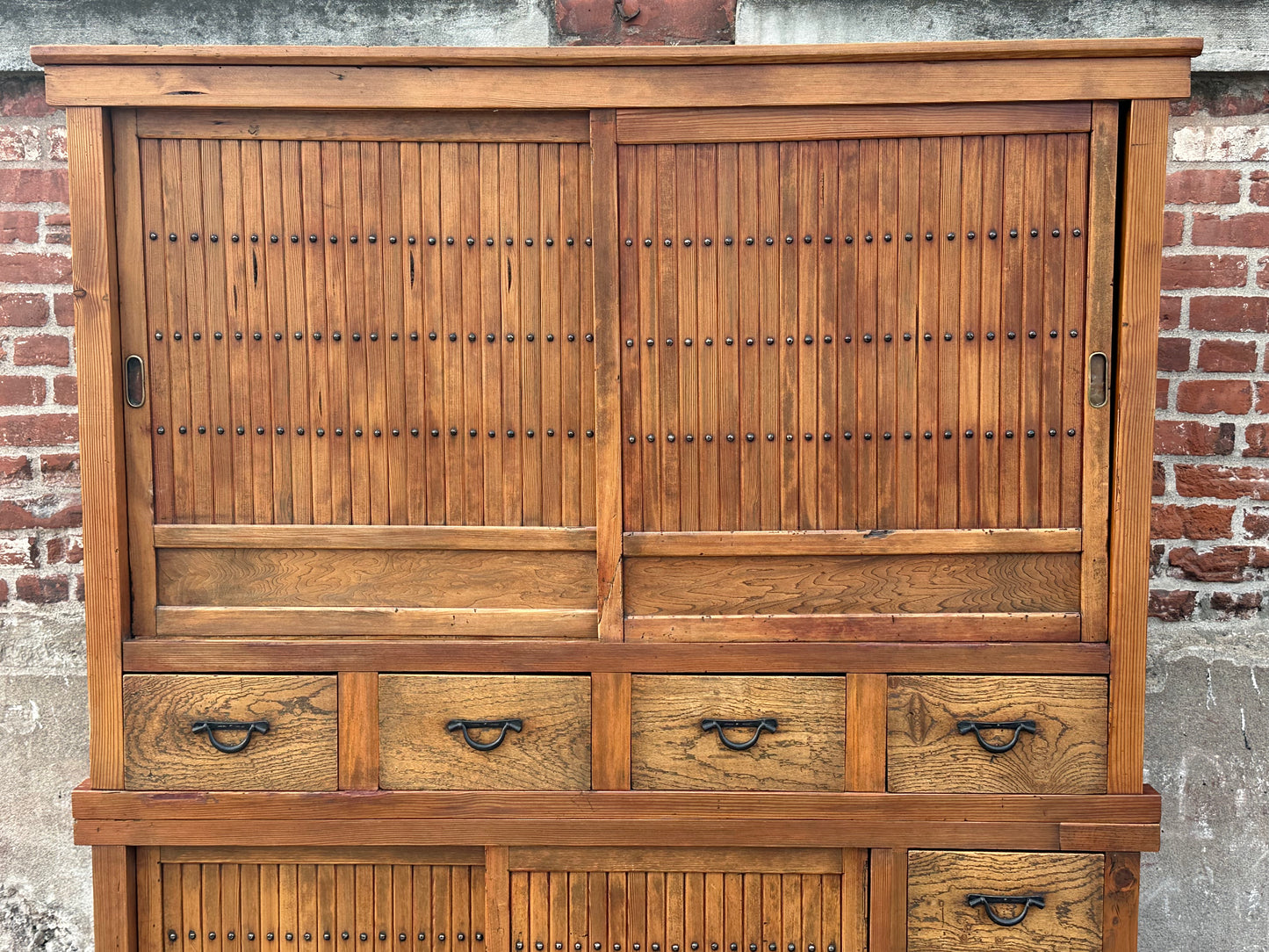 Antique Japanese Keyaki Sugi Merchant Tansu Sliding Door Cabinet Meiji 54"W