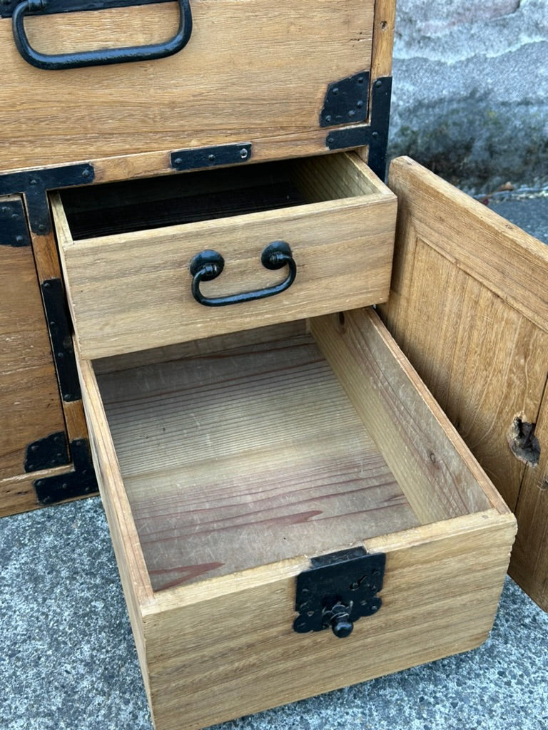 Antique Japanese Meiji Era Ishodansu Kiri Wood Cannon Biraki Tansu Iron Hardware
