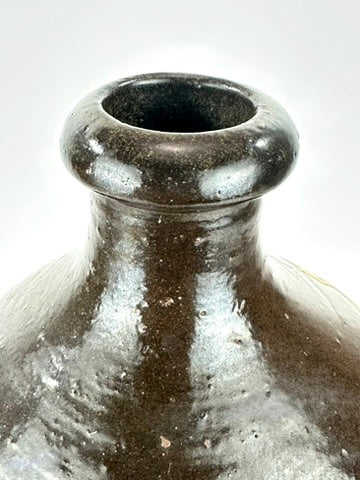 Antique Japanese Dark Glazed Stoneware Tokkuri Sake Jug White Slip Calligraphy Tap Hole Meiji 14"H