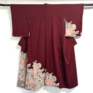 Vintage Japanese Silk Brocade Kimono Woven Kiku Chrysanthemum Burgundy Showa