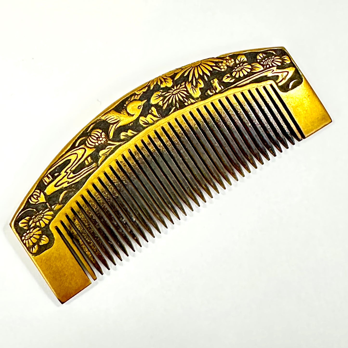 Antique Japanese Geisha Comb Kushi Hairpiece Kanzashi Gold Makie Sparrow & Flowers 3"