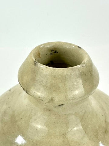 Antique Japanese Grey Glazed Stoneware Tokkuri Sake Jug Iron Black Merchant Calligraphy Meiji 10"H