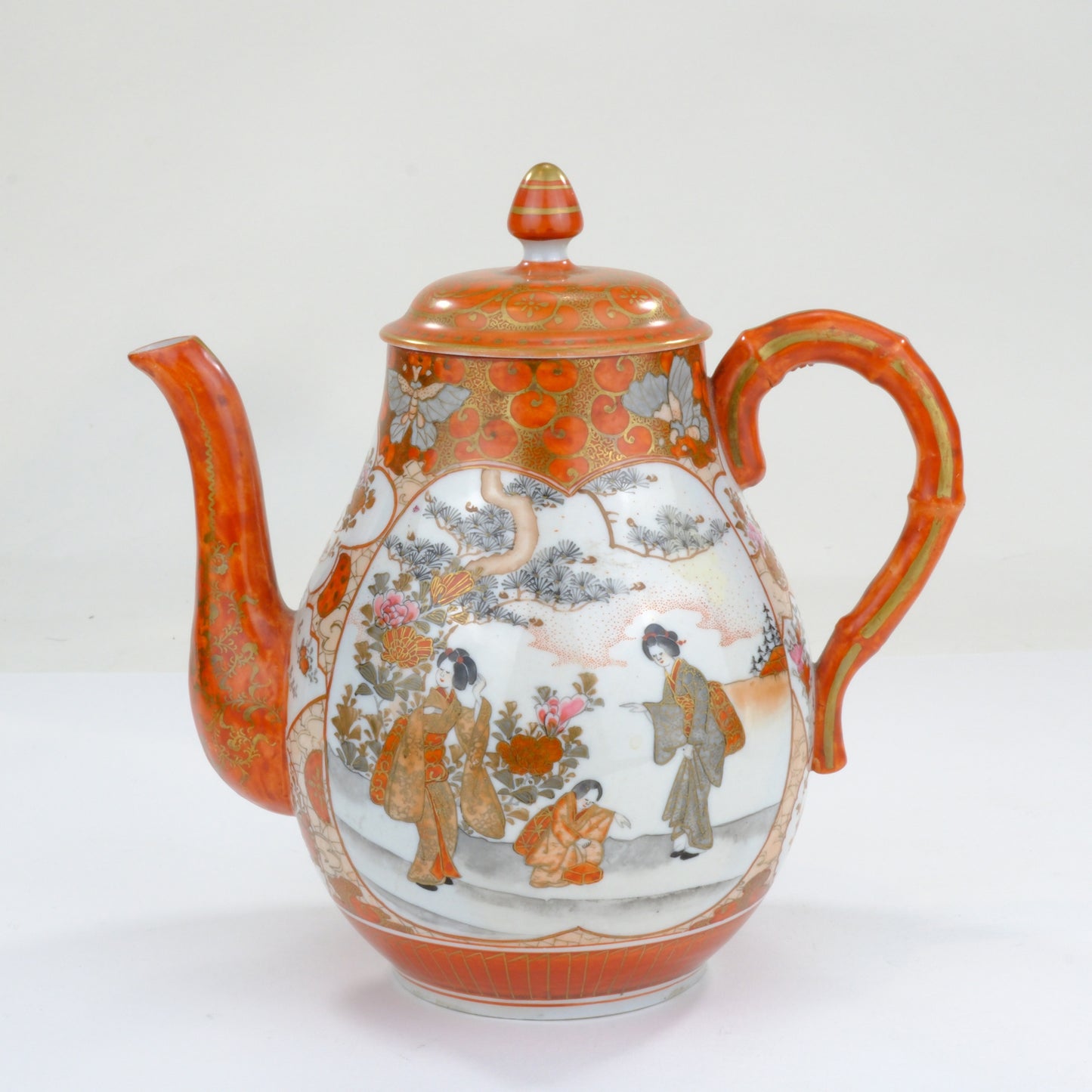 Antique Japanese Kutani Coffee Pot Bijin Figures Paradise Bird Butterfly Bamboo Handle Meiji