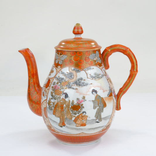 Antique Japanese Kutani Coffee Pot Bijin Figures Paradise Bird Butterfly Bamboo Handle Meiji
